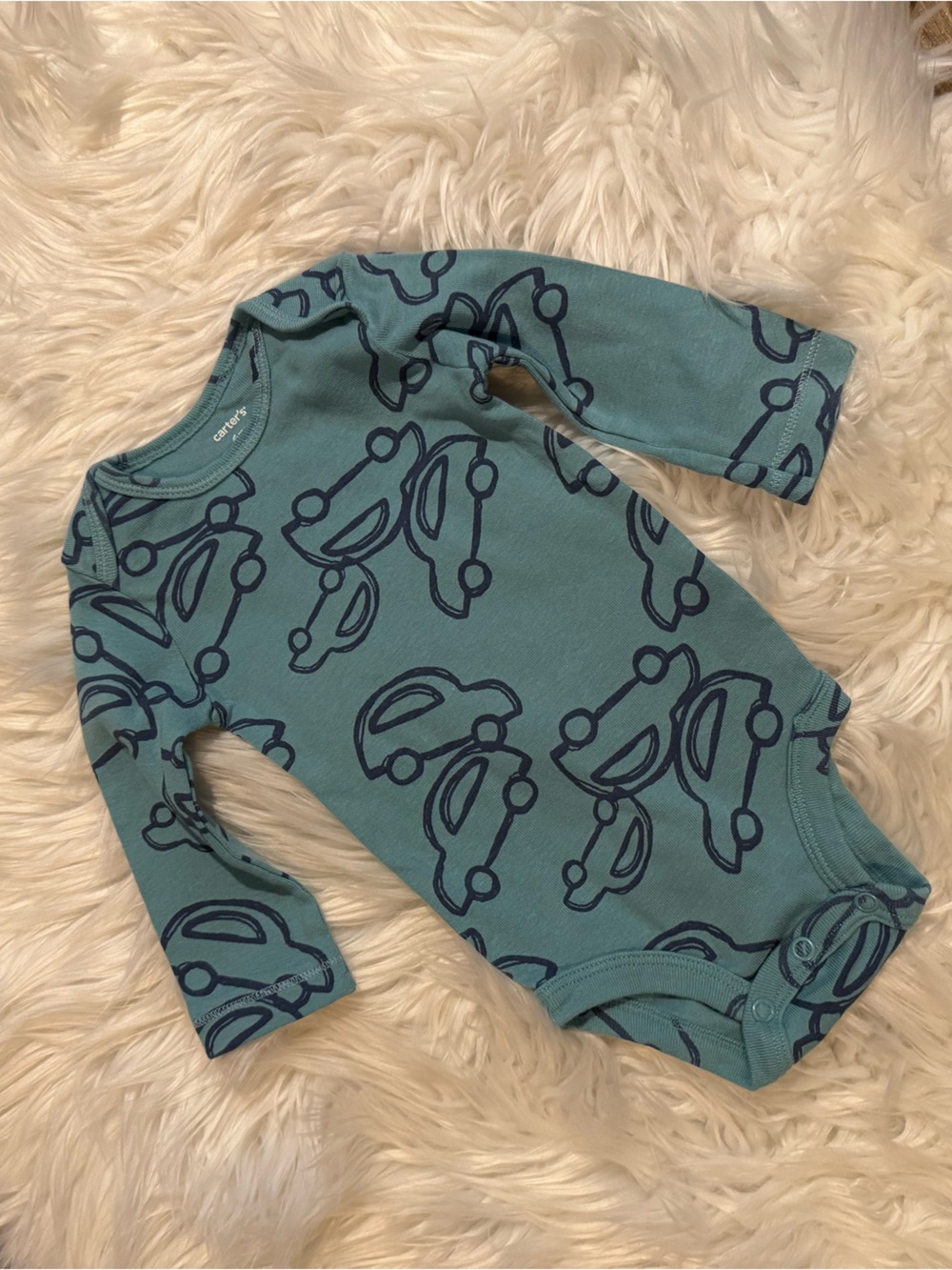 Carter’s Baby Boys Size 6M Teal Blue Car Print Long Sleeve Cotton Bodysuit